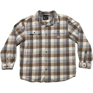 Carhartt Mens Loose Fit Flannel Shirt XL Brown Grey Plaid Long Sleeve Workwear
